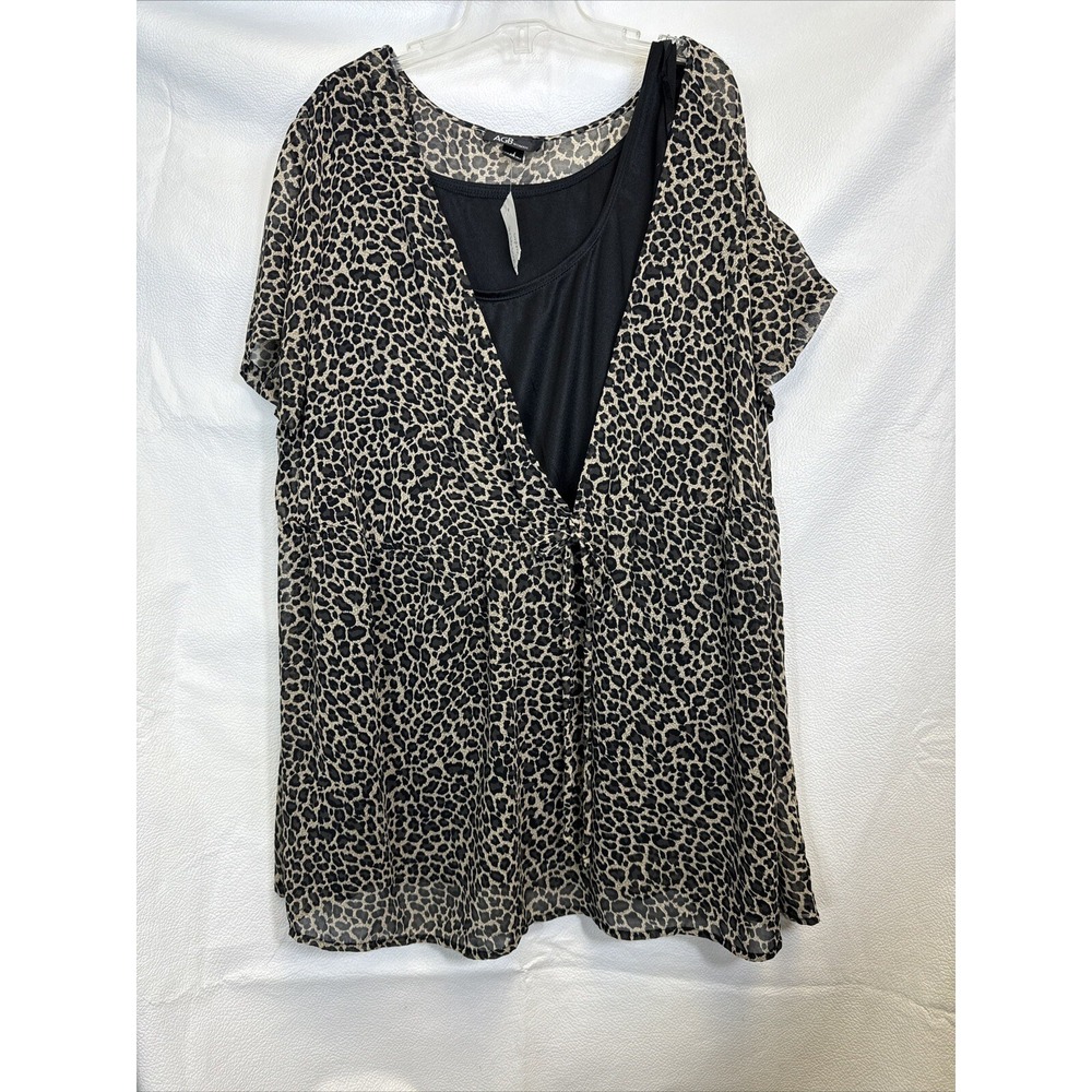 AGB Woman Leopard Print Top Blouse Women's 1X Sheer With Camisole Under 16-18